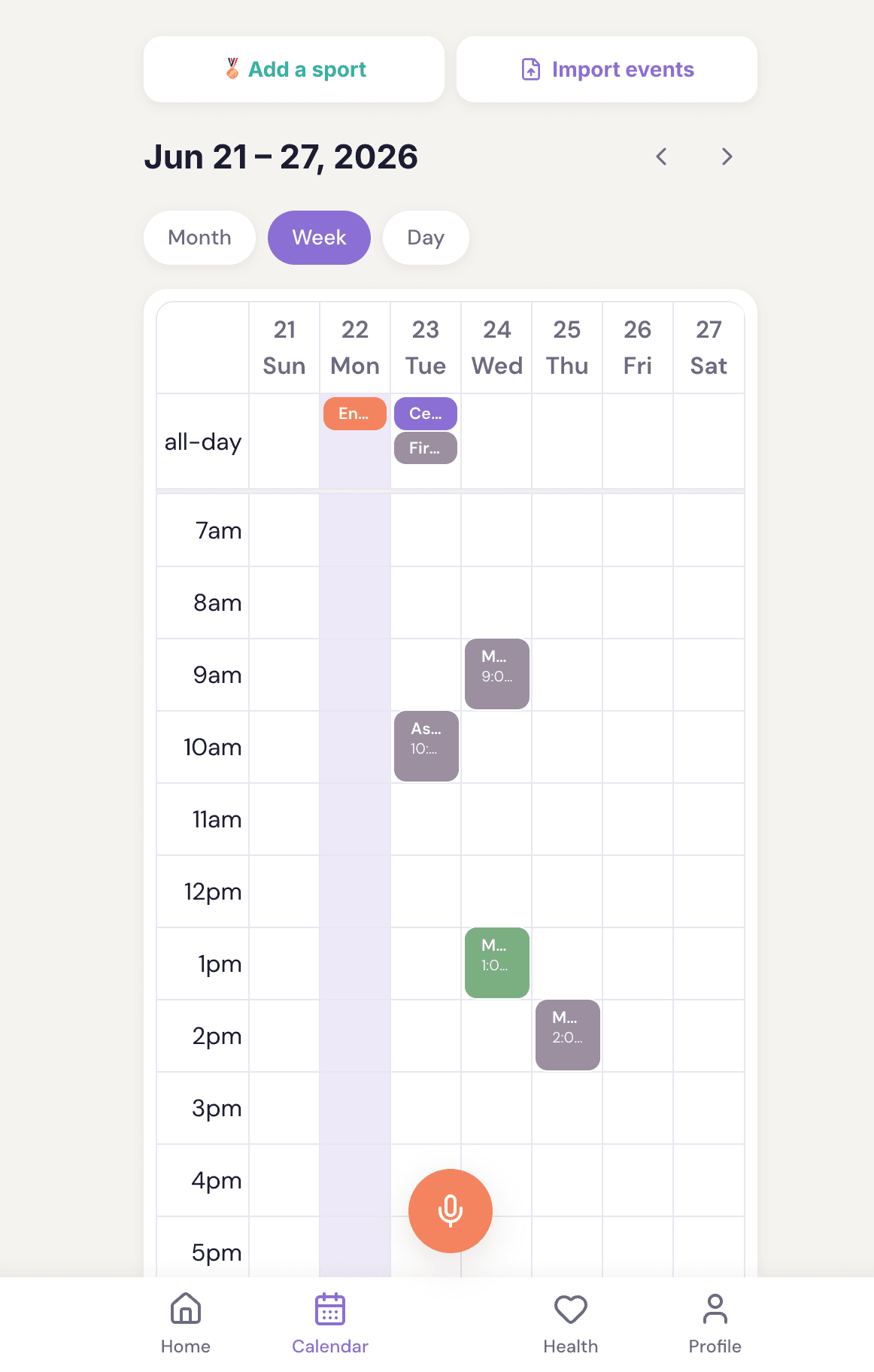 Zella weekly calendar
