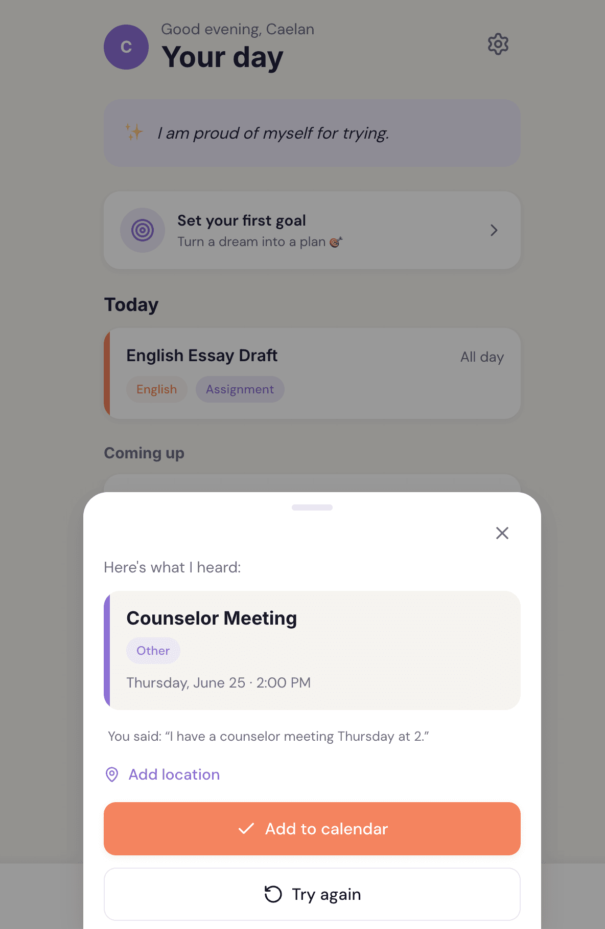 Zella turning your voice into a calendar event